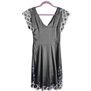 Karen Millen Black Silky‎ Satin Embroidered Kimono Sleeve Fit Flare Dress Sz 8